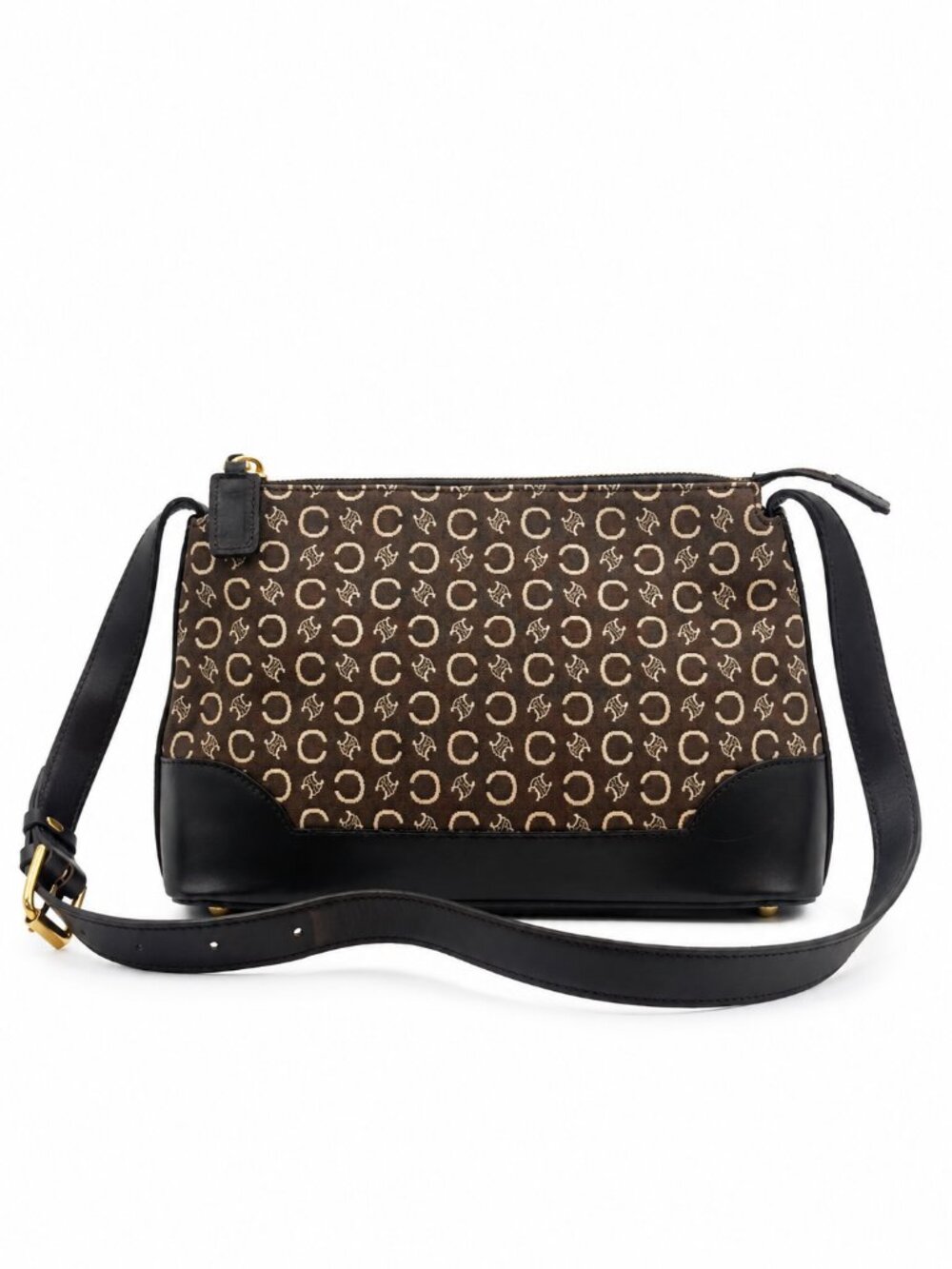 Celine Vintage Macadam C Logo Canvas Black Leather Shoulder Bag Brown
